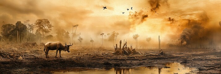 Wall Mural - a stark depiction of deforestation reveals rare animals in the background, symbolizing the urgent th