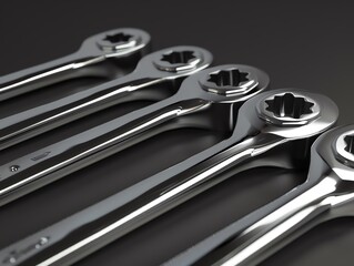 A detailed 3D render of a set of ratcheting wrenches