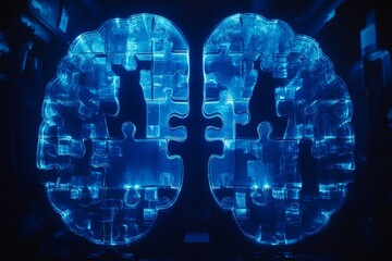 Sticker - Digital Brain Interface with Blue Puzzle Representing Cognitive Connectivity Intellectual Interaction and the Future of Human Thought in a High Tech World