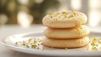 Three cookies stacked on top of each other with green sprinkles on top. The cookies are on a white plate