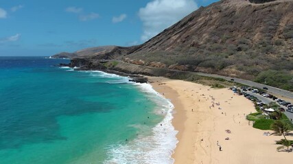 Wall Mural - aerial footage flying along Sandy Beach with blue ocean water, people relaxing, mountains, waves, lush green palm trees and cars in Honolulu Hawaii USA