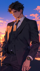 Poster - Cool semi formal suit for anime man, vertical background on Japanese neon building