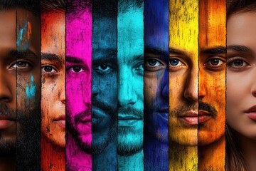 Aufkleber - Faces of diverse individuals separated by a colorful barrier, symbolizing division while celebrating unique identities and differences. Generative AI