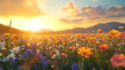 Wall Mural - Golden hour lights up a wildflower meadow as the sun sets, casting a gentle glow on the landscape.