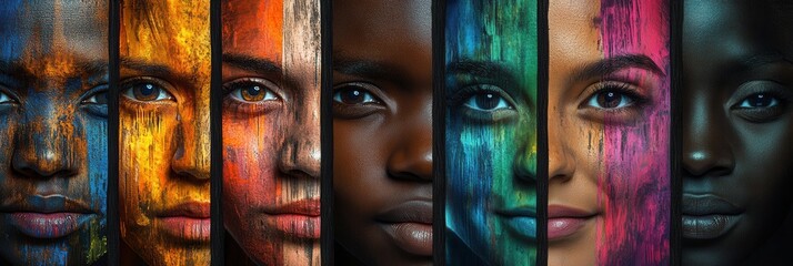 Poster - Diverse individuals display their unique features and expressions, separated by a line, highlighting the beauty of differences and division. Generative AI