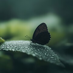 Canvas Print - Black Butterfly on Green Leaf with Dew Drops