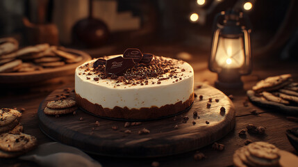 A chocolate cake with chocolate drizzle on top sits on a wooden board. The cake is surrounded by cookies and a bowl. Scene is warm and inviting, as the cake and cookies look delicious