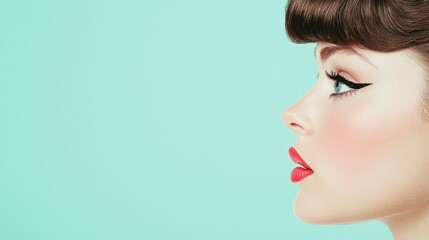 Wall Mural - Woman with Red Lips Profile Portrait on Blue Background