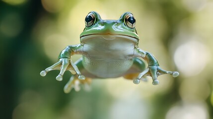 Green Frog Leaping in Mid-Air With Wide Open Eyes