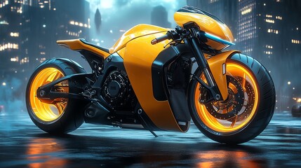 Sleek motorcycle with a dynamic yellow and black design, neon accents, set against a minimalistic background