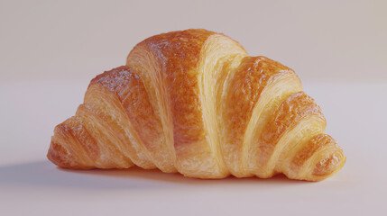 A close-up of a croissant with a golden brown crust. The croissant is sitting on a white background