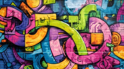 Graffiti mural in an urban setting with bright colors and diverse people bold lines and vibrant 3D-rendered elements creating an energetic street scene