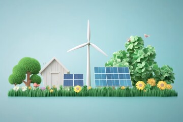 Green energy harvest with windmill and solar panels for eco-green sustainable concept , ai