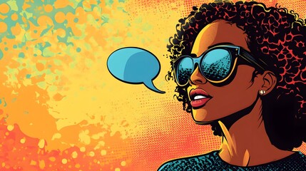 Wall Mural - Woman with Sunglasses and Speech Bubble on a Pop Art Background