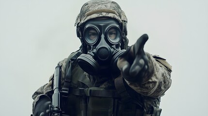 Soldier in Gas Mask Pointing Forward