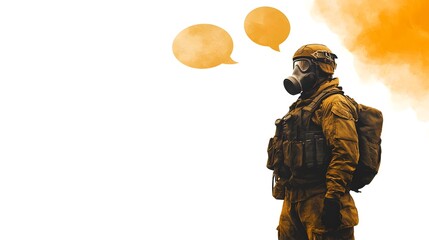 soldier in gas mask with speech bubbles and smoke