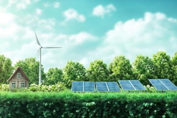 Green energy harvest with windmill and solar panels for eco-green sustainable concept , ai