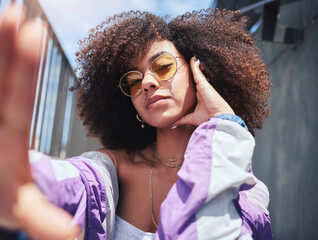 woman, fashion and selfie with social media in city with influencer, style and retro clothes outdoor