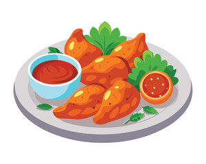 Wall Mural - chicken wings in the asian style and tomatoes sauce on plate in white background