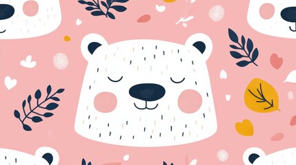 Canvas Print - Adorned with a cute bear face on pink, this seamless pattern captures charm with its fun cartoon style.