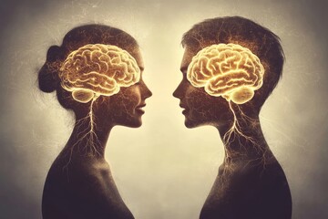 Canvas Print - Symmetrical Minds The Perfect Cognitive Balance between Two Individuals Visualized through a Mirrored Brain Illustration Highlighting Their Mental Harmony