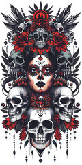 Tribal Womans Head Surrounded by Skulls tattoo flash styles illustration