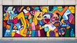 © Tonadech - Graffiti mural in an urban setting with bright colors and diverse people bold lines and vibrant 3D-rendered elements creating a dynamic street scene