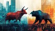 © LKT - symbolic illustration, a bullish bull lifting a stock price arrow with its horns, while a bearish bear pulls down another arrow with its paws, background filled with market symbols and fluctuating
