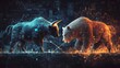 © LKT - stylized art, a bullish bull lifting a stock price line with its horns, while a bearish bear pulls down another line with its claws, abstract background filled with financial symbols and patterns