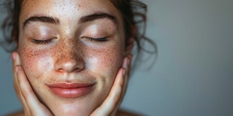 A lovely lady with closed eyes and radiant skin in a grey studio, using skincare products for a glowing complexion and self-care routine.