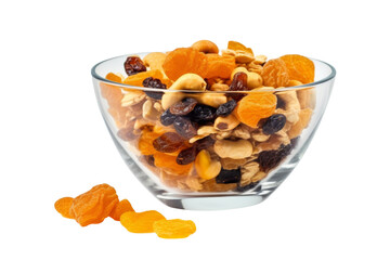 Caramel cornflakes with whole grains, raisins and cashew nuts in bowl, isolated on transparent background, for breakfast and healthy food.