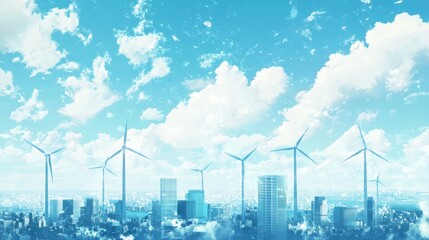 Wall Mural - Wind Turbines Over Modern City Skyline with Blue Sky and Clouds