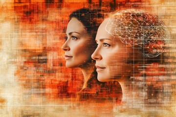 Canvas Print - Layered Neural Reflection A Dual Portrait Depicting Complex Cognitive Layers and Thought Processes in a Digital Brain Visualization