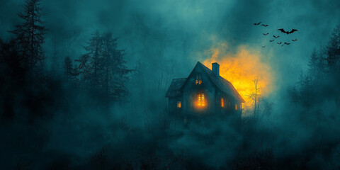 Halloween night with a spooky house and bats, Halloween background