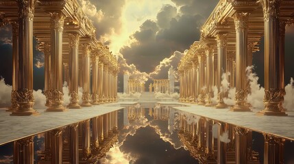 Poster - Golden Columns and Cloudy Sky Reflecting in Water