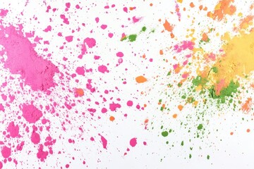 Wall Mural - A white background with pink, green, and yellow holi powder splattered across