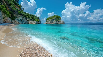 Wall Mural - Beautiful tropical beach with turquoise waters and dramatic clouds on a sunny day in paradise. Generative AI