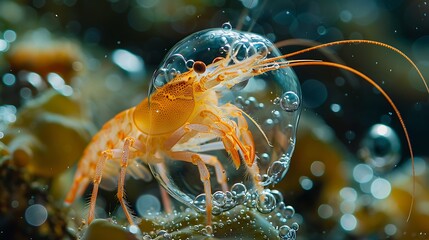 Pistol shrimp creating a cavitation bubble with its powerful claw, the resulting underwater shockwave frozen in time, showcasing its astonishing abilities 