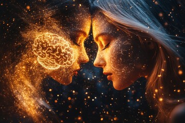 Poster - Fiery Neural Affection A Couple’s Emotional and Cognitive Connection Visualized through a Warm Brain Illustration in a Romantic Setting