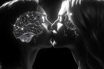 Canvas Print - Monochrome Neural Bond A Black and White Artistic Depiction of Two Women Sharing a Close Cognitive Connection through an Abstract Brain Visualization