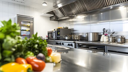 A modern kitchen with stainless steel countertops and customers preparing meals