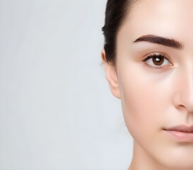 close up of beauty asia woman eye on white background. clean fresh skin on beige background, face ca