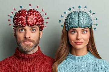 Sticker - Portrait of a man and woman wearing futuristic headgear with brain designs exploring concepts of mind connection cognitive technology and human brain enhancement