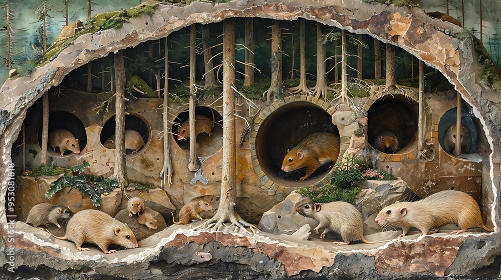 Naked Mole Rat Colony In An Underground Tunnel System Depicted In A 