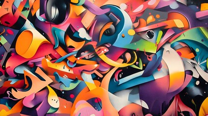 urban mural with colorful graffiti vibrant colors and a diverse crowd bold and edgy design with deta