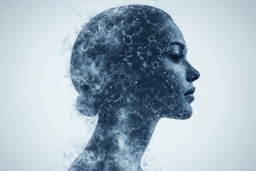 Poster - Silhouette of a woman made of particles symbolizing the transient nature of thought and emotion and the dissolution of cognitive processes in the human mind