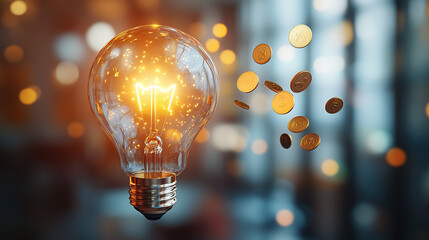 A light bulb with coins flying around on a blurred background of an office interior