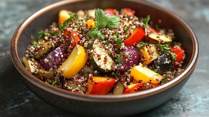 Wall Mural - A nutritious quinoa salad mixed with colorful roasted vegetables and fresh herbs, perfect for a healthy and flavorful meal or side dish.