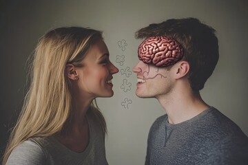 Wall Mural - Modern Digital Art of a Couple with Brain Illustrations Showing Cognitive Connection and Mutual Understanding in Relationships