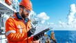 © Blue Ha Waii - AI - A focused worker in an orange safety suit and helmet inspects maritime documents on a sunny day at sea, with ships in the background.